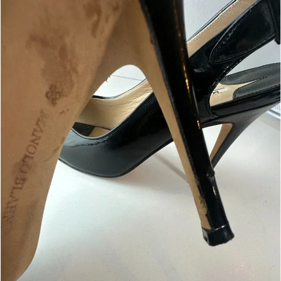 Manolo Blahnik Black Patent Leather Slingback Pump Peep Toe High Heels 38 US 8 - Picture 8 of 16